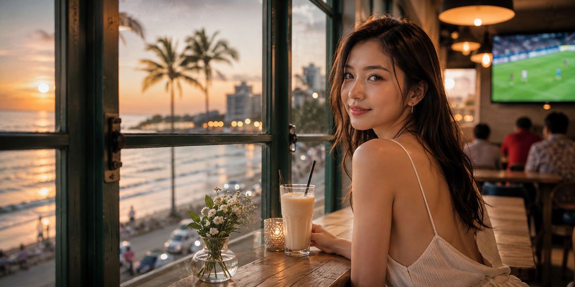 Người dùng tại Vũng Tàu xem kèo bóng đá và đặt cược trực tuyến trong quán cà phê ven biển